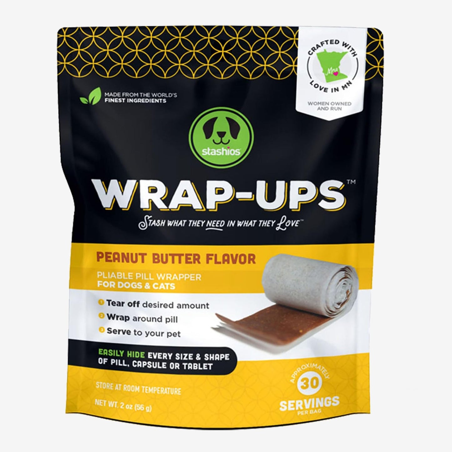 Stashios: Wrap-Ups: Pill Wrapper - Peanut Butter - 30 Servings Bag, Dogs & Cats, Pet Treat Hides Any Size Pills, All Natural Limited Ingredients, USA