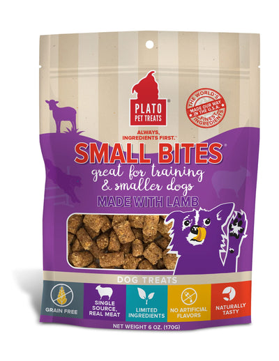 PLATO Pet Treats Air Dried Small Bites Dog Treats, Natural Bite Sized Real Meat & Lamb, Grain Free & High Protein, Made in The USA, 6oz