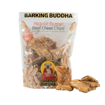 Barking Buddha Beef Cheek Chips | Extra Thick 2"-4" All Natural Rawhide Alternative No Hide Premium Dog Chew Strips | Peanut Butter | 1LB Bag