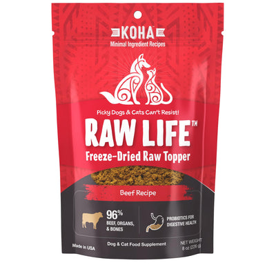 KOHA Raw Life Freeze-Dried Raw Topper Beef for Dogs and Cats, High Protein Meal Topper for Picky Eaters with Probiotics, 8oz Bag