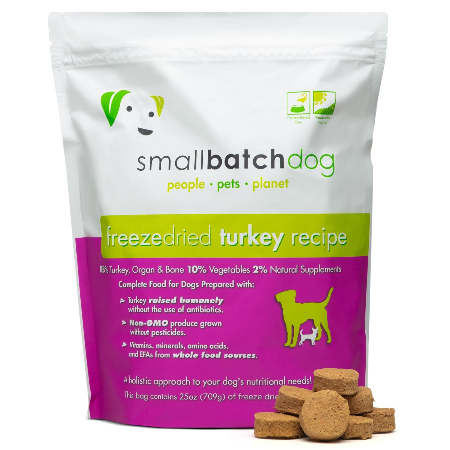 smallbatch Pets Freeze-Dried Premium Raw Food Diet for Dogs, 25oz, Turkey Recipe, Bulk Bag, Made in The USA, Organic Produce, Humanely Raised Meat, Hydrate and Serve Patties, Wholesome & Healthy