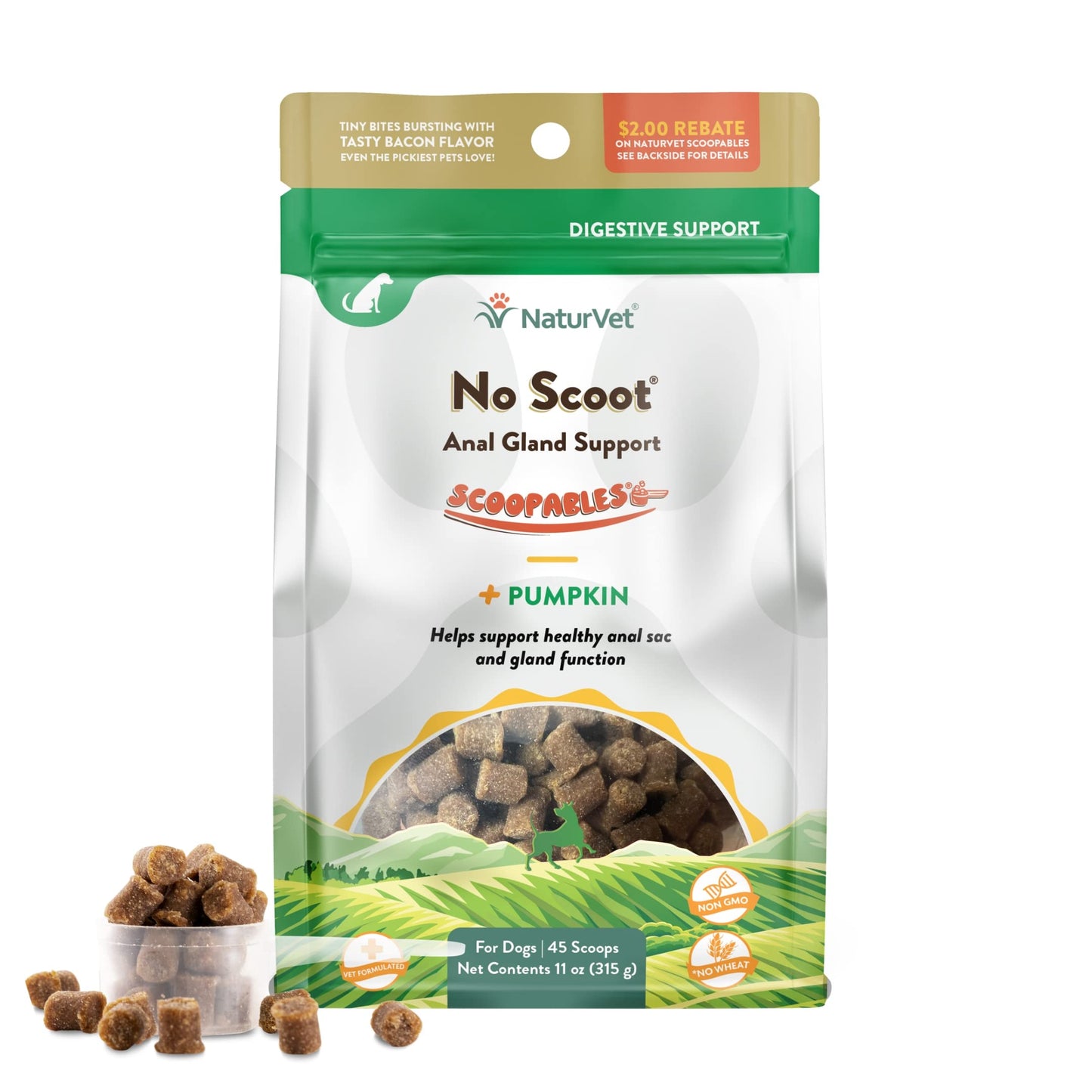 NaturVet Scoopables No Scoot For Dog Bite - Anal Gland Support For Dogs - Supports Normal Bowel Function - Chewable Stool & Bowel Health Pet Supplement - Pumpkin, Psyllium Husk, & Beet Pulp | 11oz Bag