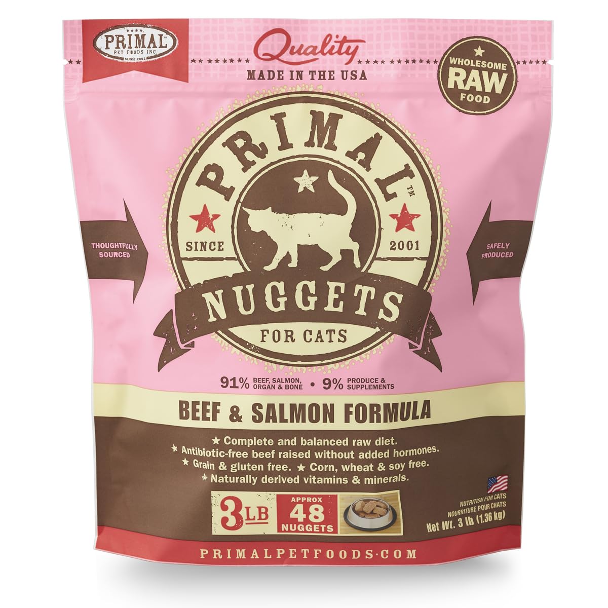 Primal Pet Foods 850180 Feline Beef/Salmon Nuggets For Pets, 3-Pound