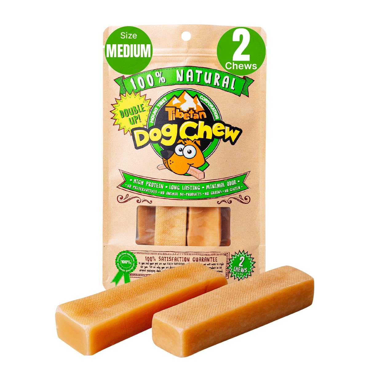 Tibetan Yak Cheese Dog Chew Sticks (2 Medium Chews) - Natural, Handmade, Long-Lasting, Easy to Digest, Ideal for Medium Dogs and Aggressive Chewers, Rawhide, Grain and Gluten Free, Keeps Dogs Busy