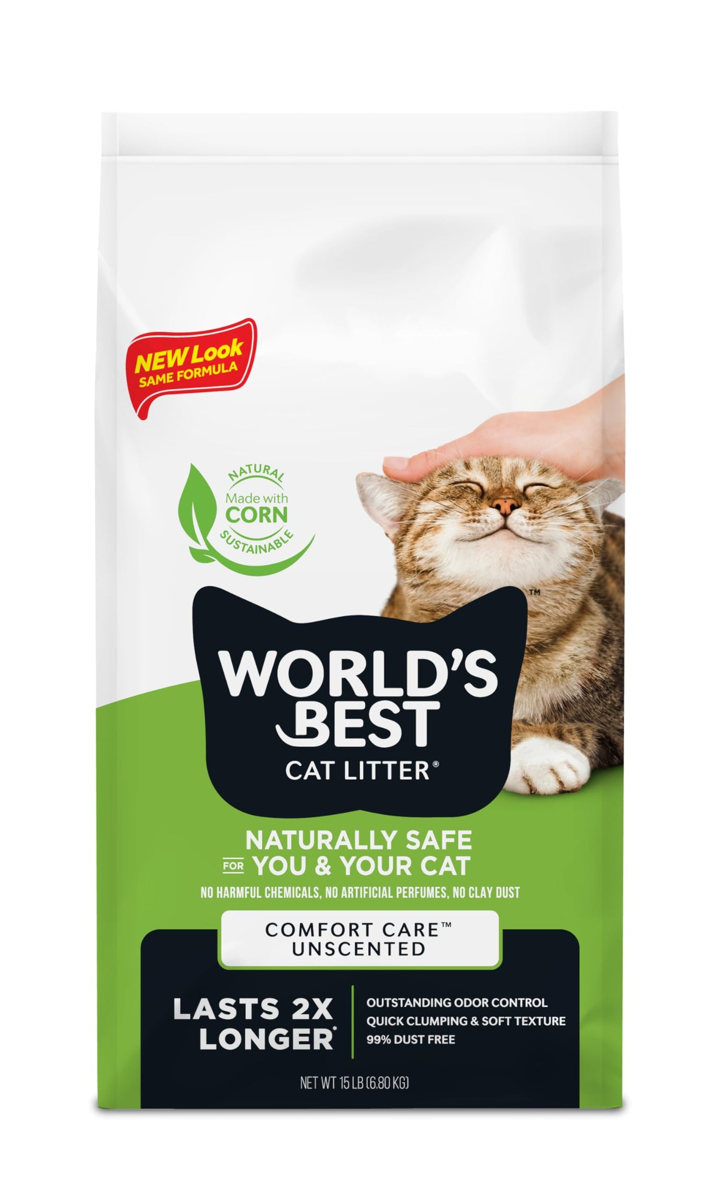 WORLD'S BEST CAT LITTER Comfort Care Unscented 15-Pounds - Natural Ingredients, Quick Clumping, Flushable, 99% Dust Free & Made in USA - Long-Lasting Odor Control & Easy Scooping