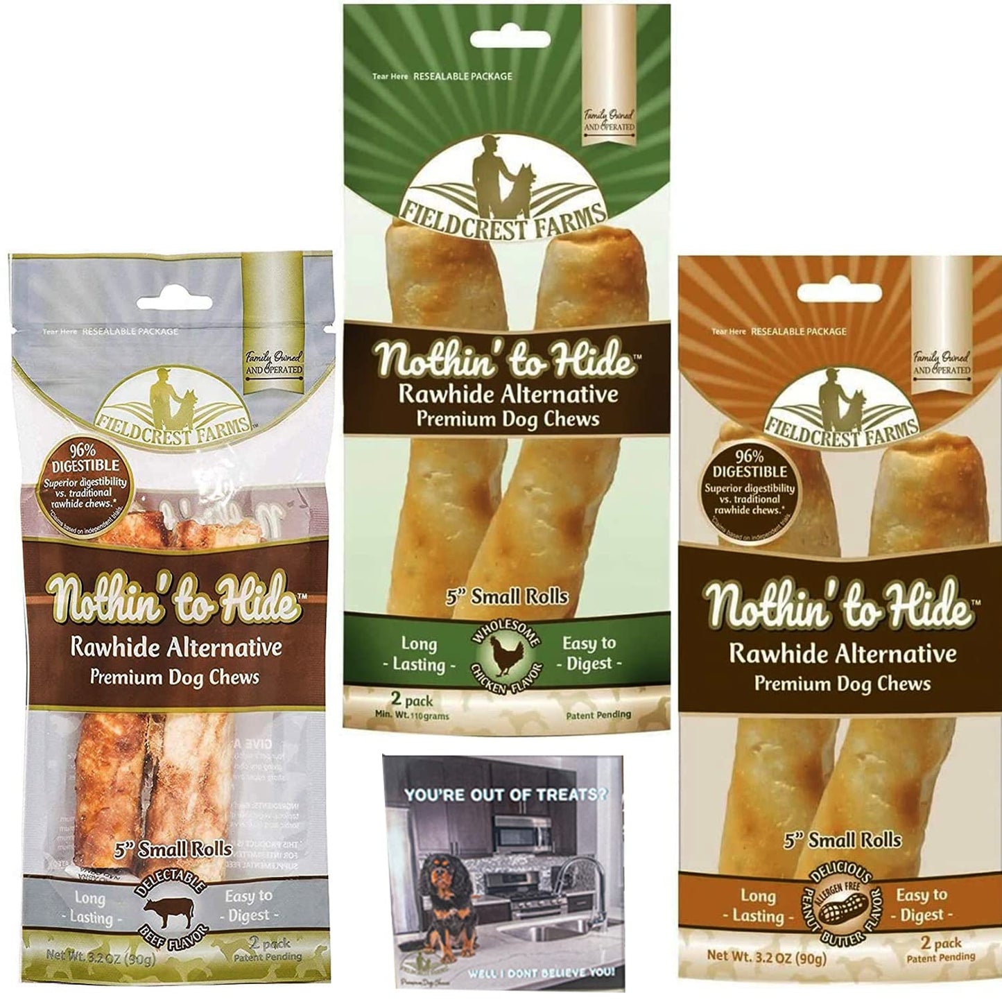 Fieldcrest Farms Nothing to Hide Natural Rawhide Alternative Rolls for Dogs - 3 Pack Bundle (Chicken, Beef, Peanut Butter) Premium Grade Easily Digestible Chews - Great for Dental Health