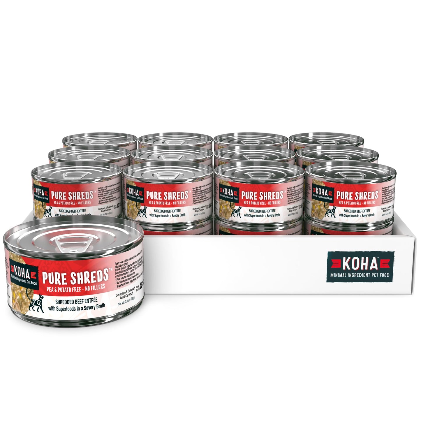 KOHA Pure Shreds Beef EntrÃ©e for Cats, Single Meat Wet Cat Food, 2.8oz Cans (Case of 24)