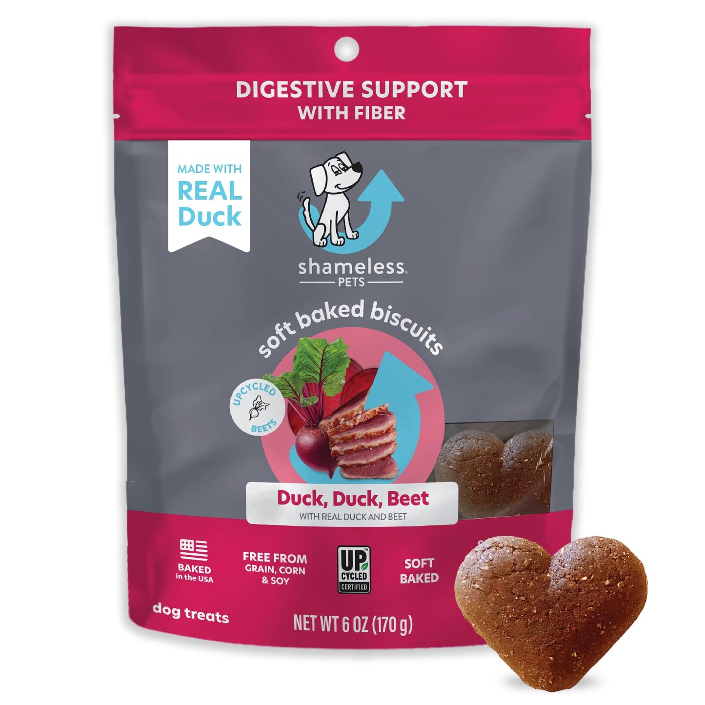 Shameless Pets Soft-Baked Dog Treats, Duck Duck Beet - Natural & Healthy Dog Chews for Digestive Support with Fiber - Dog Biscuits Baked & Made in USA, Free from Grain, Corn & Soy - 1-Pack