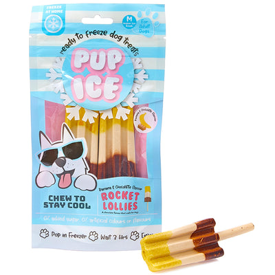 SPOT Pup Ice- Ready to Freeze at Home Dog Treats-Edible Chews for Medium Breed Dogs & Puppies with Real Chicken to Keep Your Pup Cool Year Round, Rocket Lollies Banana and Chocolate Flavor, 2pcs