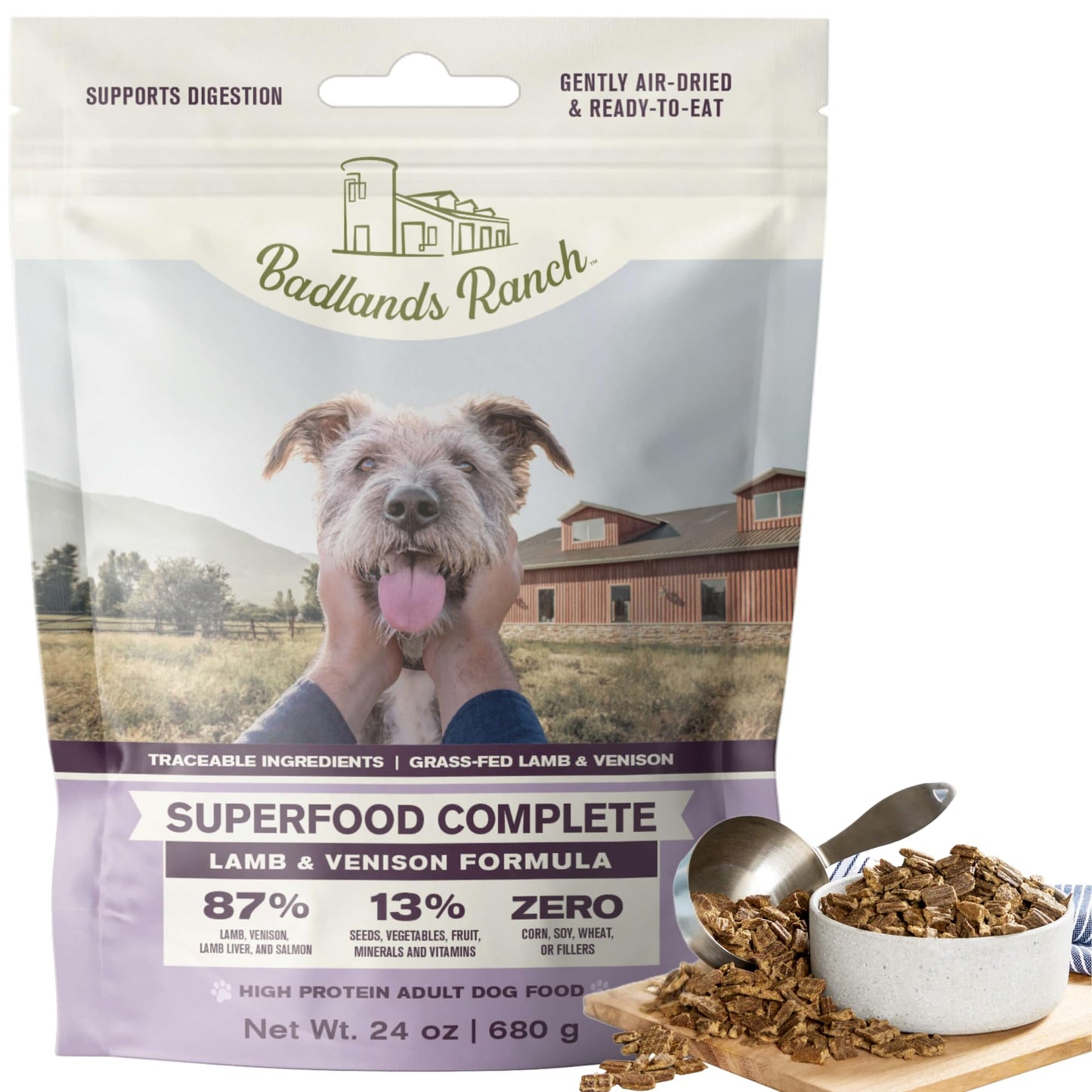 BADLANDS RANCH - Superfood Complete, Air-Dried Adult Dog Food, High Protein, Zero Fillers, Superfood Nutrition by Katherine Heigl (Premium Lamb & Venison Formula, 11.5 oz.)