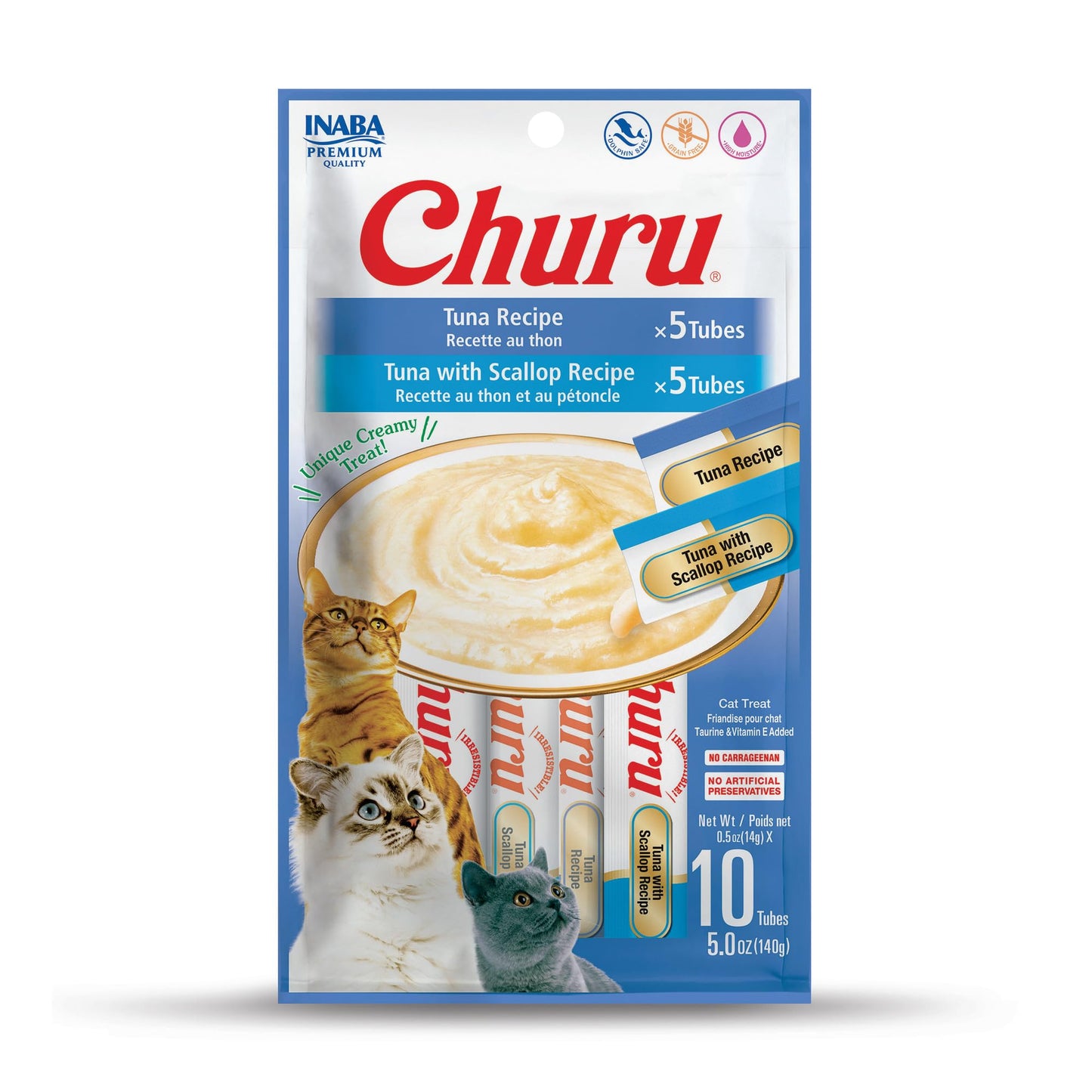 INABA Churu Cat Treats, Grain-Free, Lickable, Squeezable Creamy Purée Cat Treat/Topper with Vitamin E & Taurine, 0.5 Ounces Each Tube, 10 Tubes Total/Two Flavors, Tuna Variety