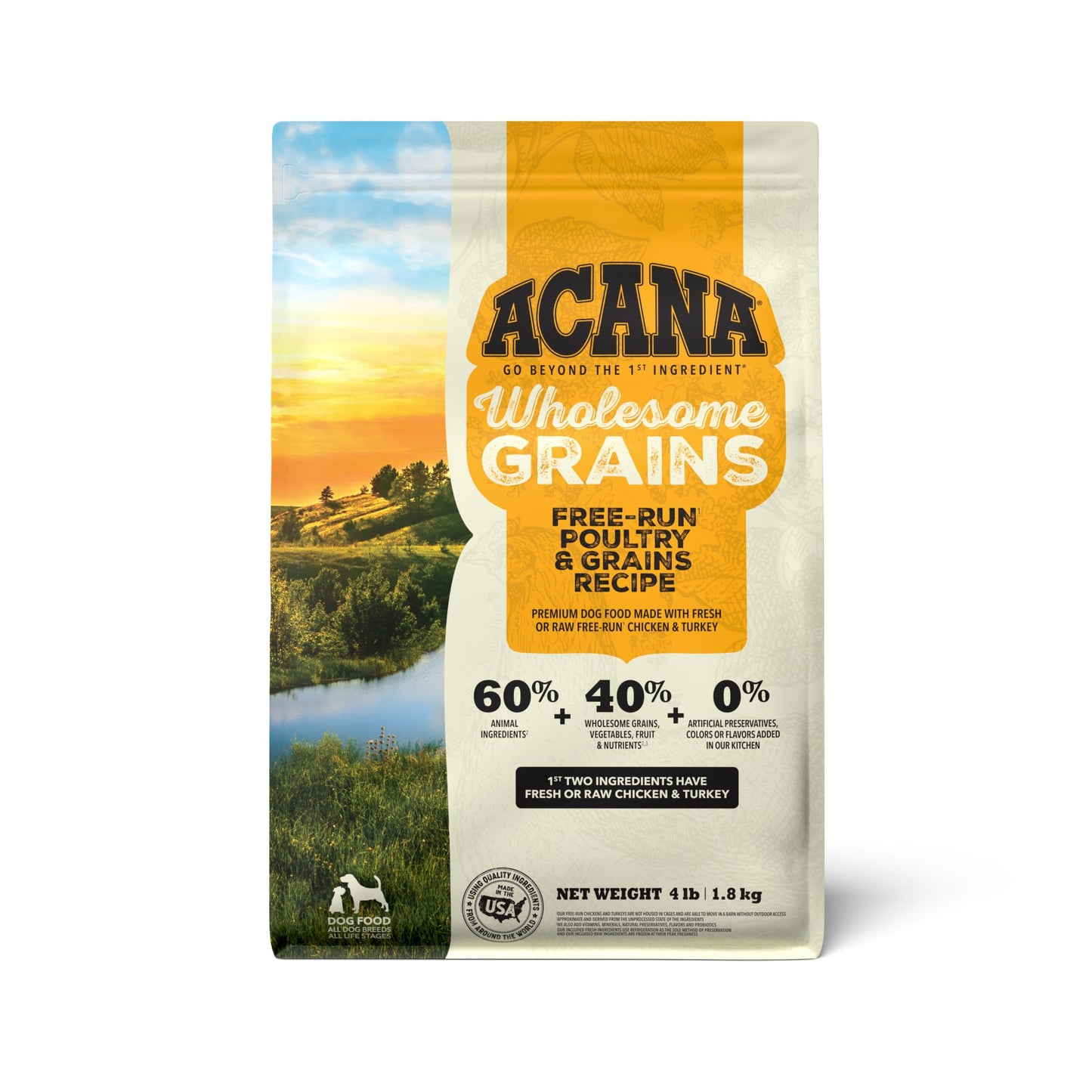 ACANA Wholesome Grains Dry Dog Food, Free-Run Poultry, Real Chicken & Turkey and Eggs Dog Food Recipe, 4lb