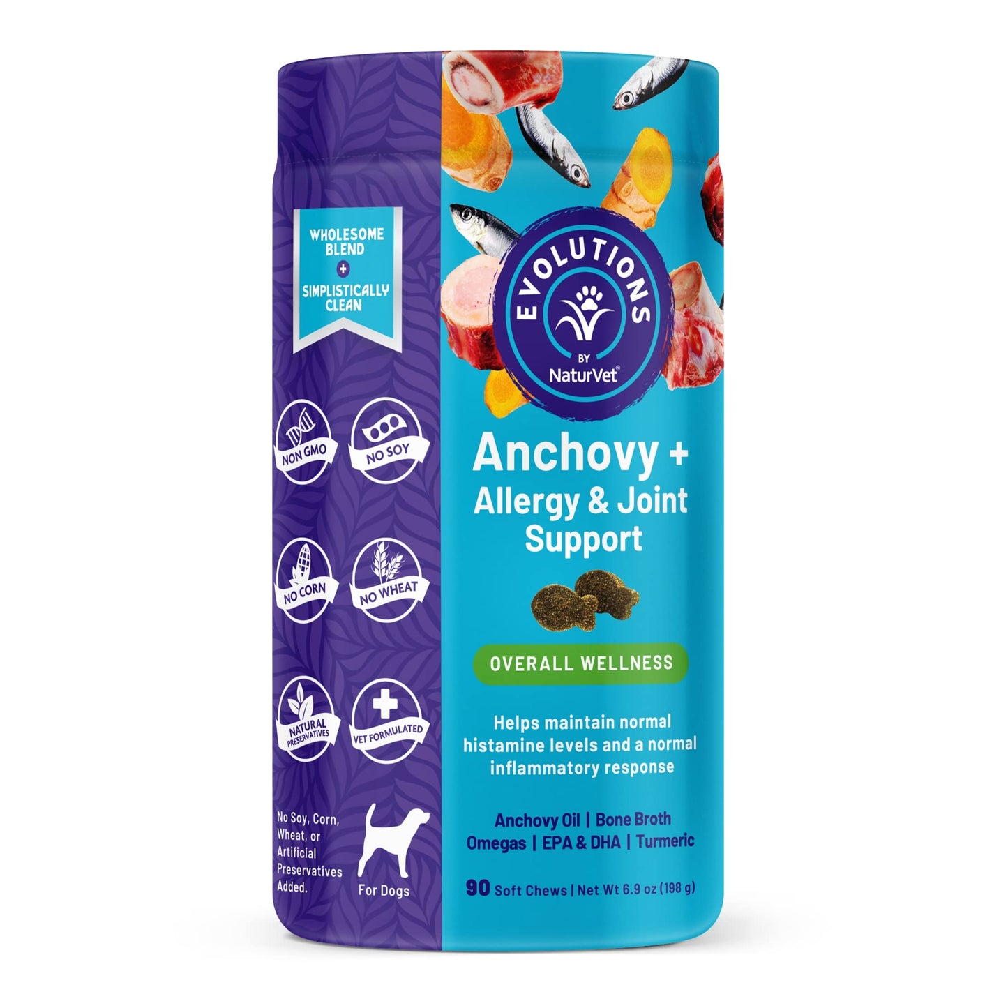 NaturVet Evolutions Anchovy + Allergy & Joint Support 180ct Soft Chews for Dogs - Anchovy Oil, Bone Broth - Helps Maintain Normal Histamine Levels - Helps Support Normal Inflammatory Response