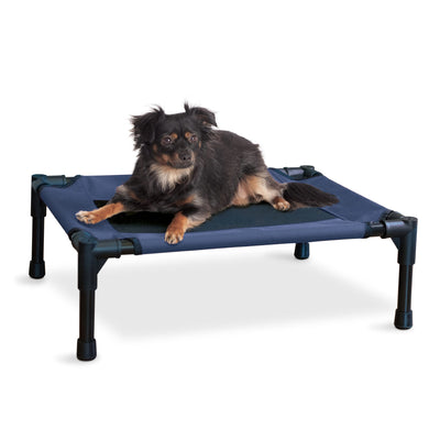 K&H Pet Products Raised Cooling Outdoor Dog Bed, Portable Elevated Dog Bed, Washable Mesh Pet Camping Gear, Heavy Duty Metal Frame Cat Hammock Bed, Inside Outside Dog Cot Bed, Small Blue/Black