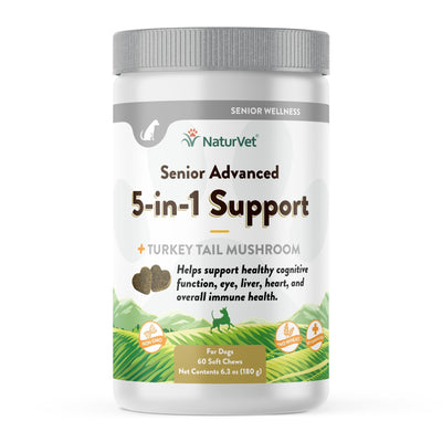 NaturVet Senior Advanced 5-in-1 Support Dog Supplement - Helps Support Immune System, Heart, Liver, Cognitive Function, Eye Health - Includes Ginkgo Biloba, Lutein - 60 Ct.