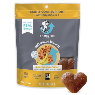 Shameless Pets Soft-Baked Dog Treats, Bananas for Bacon - Natural & Healthy Dog Chews for Skin & Coat Support with Omega 3 & 6 - Dog Biscuits Baked & Made in USA, Free from Grain, Corn & Soy - 1-Pack