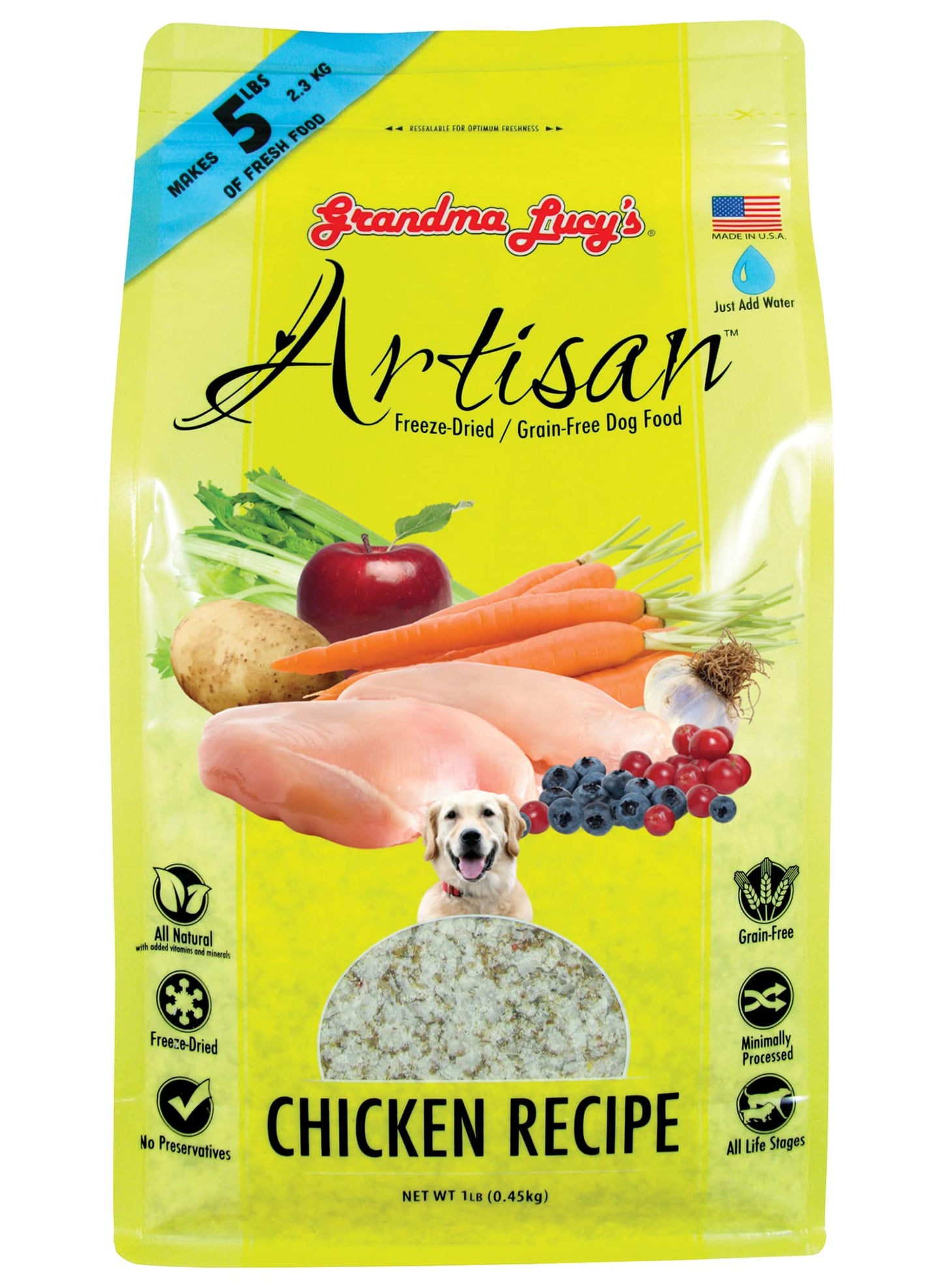 Grandma Lucy's Artisan Dog Food, Grain Free and Freeze-Dried - Artisan Chicken, 1Lb Bag