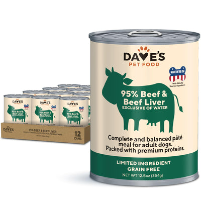 Dave's Pet Food Grain Free Wet Dog Food (95% Beef & Beef Liver), Made in USA Single-Source Protein, Limited Ingredients Added Vitamins & Minerals, 12.5 oz Cans (Case of 12)