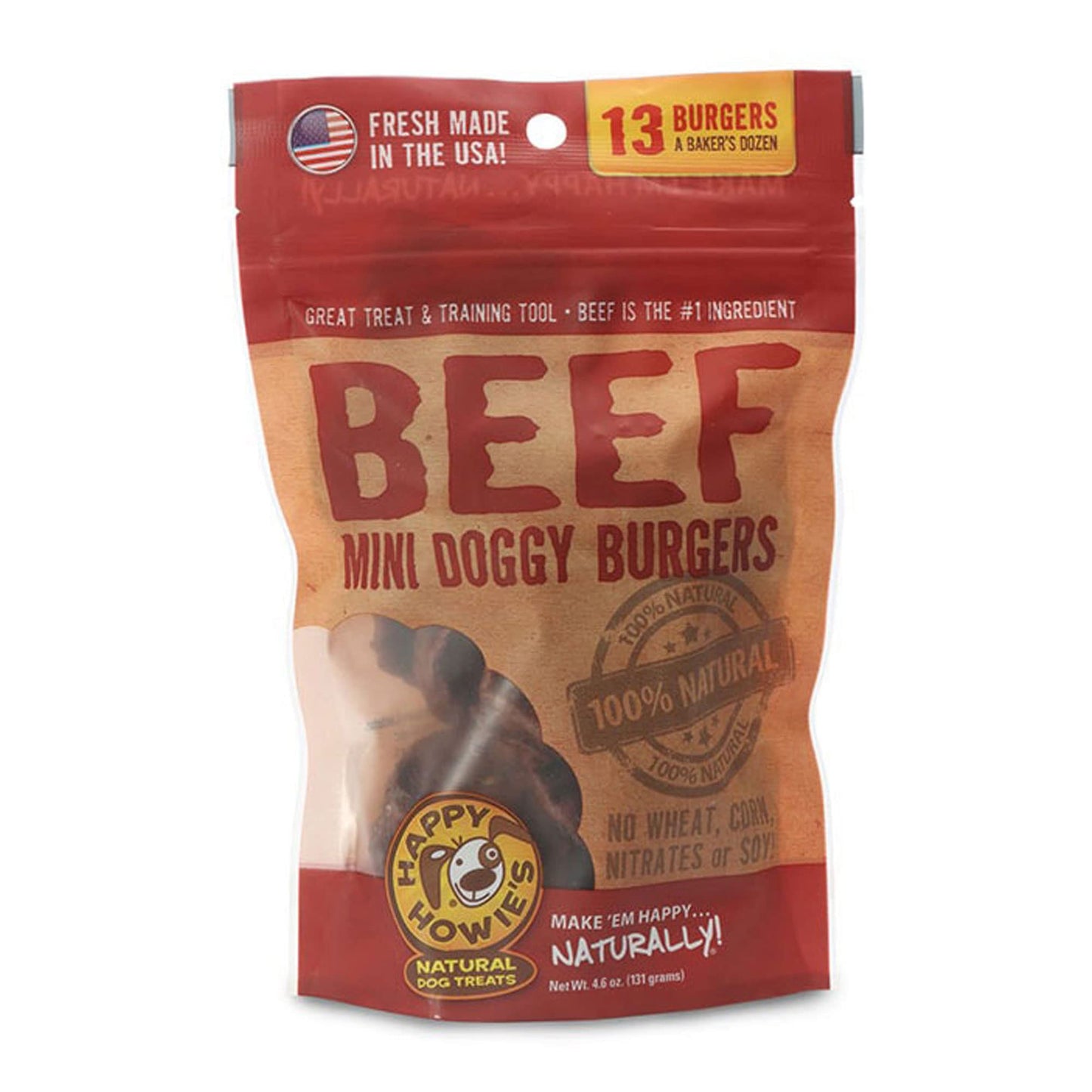 Happy Howie's Natural Dog Treats - Healthy Dog Treats Made in The USA, Made with Real Beef & Natural Ingredients, Hormone Free, Long Lasting & Chewy - Mini Doggy Beef Burger (13 Patties, 1 Pack)