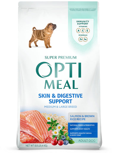 OPtimeal Sensitive Skin and Stomach Dog Food - Proudly Ukrainian - Tasty Dog Food Dry Recipe with Skin & Digestive Support - Medium/Large Adult Dogs (8.8 Pound (Pack of 1), Salmon & Brown Rice)