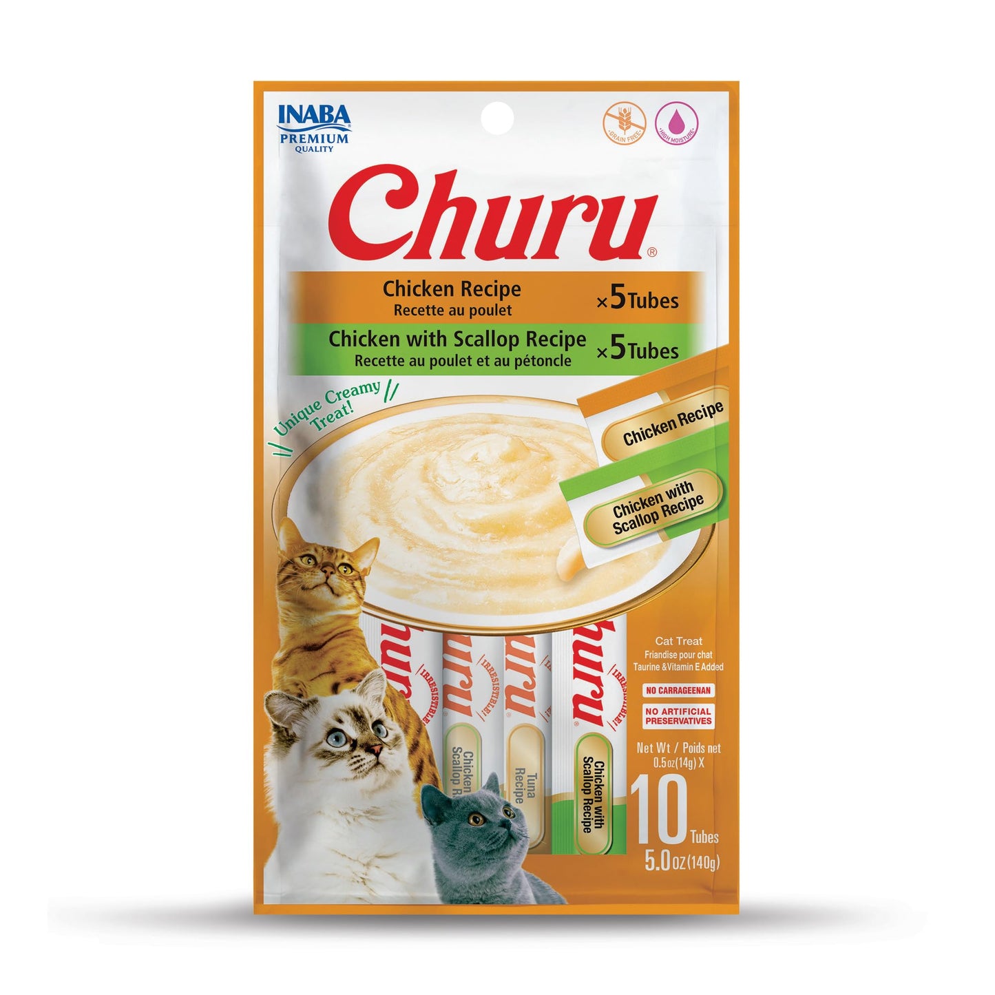 INABA Churu Cat Treats, Grain-Free, Lickable, Squeezable Creamy Purée Cat Treat/Topper with Vitamin E & Taurine, 0.5 Ounces Each Tube, 10 Tubes Total/Two Flavors, Chicken Variety