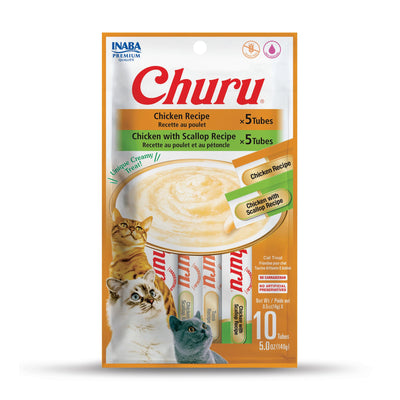 INABA Churu Cat Treats, Grain-Free, Lickable, Squeezable Creamy Purée Cat Treat/Topper with Vitamin E & Taurine, 0.5 Ounces Each Tube, 10 Tubes Total/Two Flavors, Chicken Variety