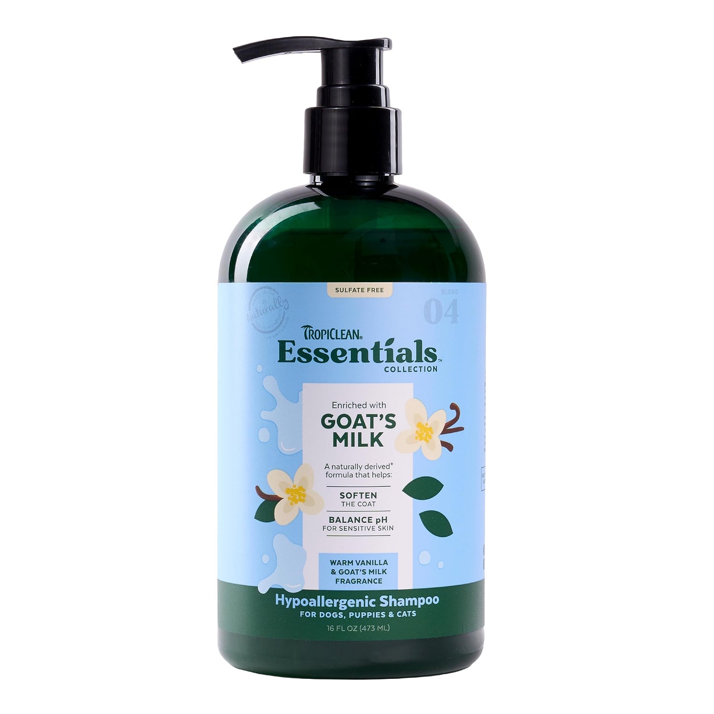 TropiClean Essentials Goat's Milk Hypoallergenic Shampoo for Dogs, Puppies, & Cats - Soften The Coat - Balanced pH for Itchy & Sensitive Skin - Derived from Natural Ingredients