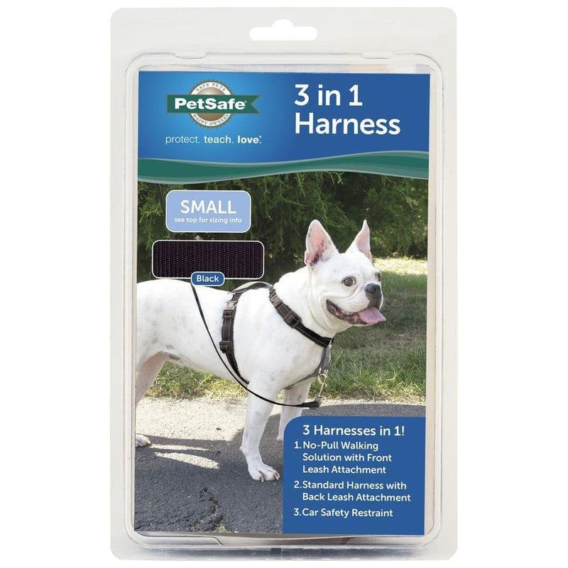 PetSafe 3 in 1 Dog Harness - No Pull Solution for Dogs - Reflective Dog Harness - Front D-Ring Clip Helps Stop Pulling - Comfortable Padded Straps - Top Handle Enhances Control - Black - Small