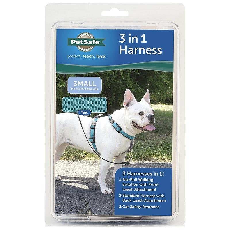 PetSafe 3 in 1 Dog Harness - No Pull Solution for Dogs - Reflective Dog Harness - Front D-Ring Clip Helps Stop Pulling - Comfortable Padded Straps - Top Handle Enhances Control - Teal - Small