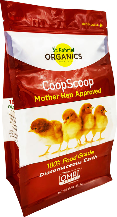 Front view of a red and white packaged product labeled St. Gabriel Organics CoopScoop Mother Hen Approved 20 OZ