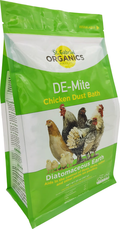 Front view of a green packaged product labeled St. Gabriel Organics DE-Mite Chicken Dust Bath.