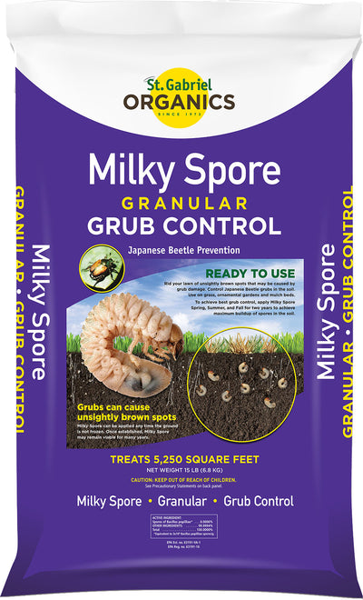 Front view of a purple packaged product labeled St. Gabriel Organics Milky Spore Granular Grub Control.