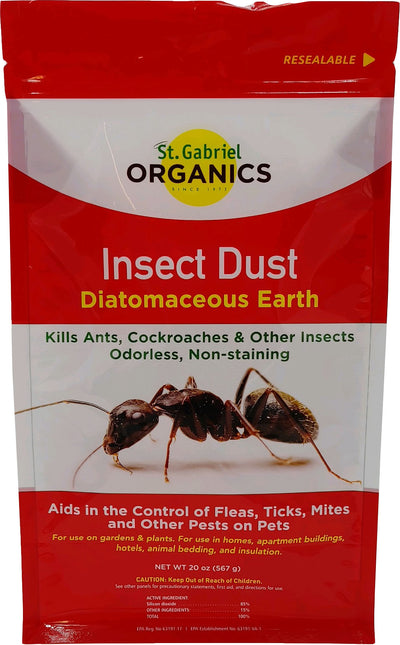 Front view of a red and white packaged product labeled St. Gabriel Organics Insect Dust.