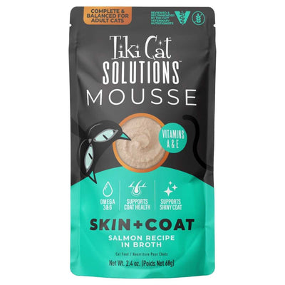Front view of Tiki Cat Solutions Mousse pouch with salmon recipe in broth, teal and black packaging.
