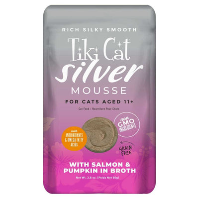Front view of a packaged Tiki Cat Silver Mousse pouch with salmon and pumpkin in broth.