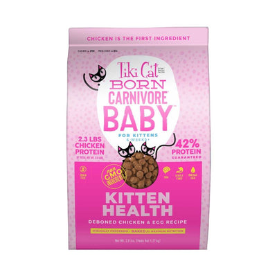 Front view of a pink packaged Tiki Cat Born Carnivore Baby kitten food bag with chicken and egg recipe.