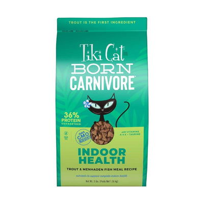 Front view of a green Tiki Cat Born Carnivore Indoor Health trout and menhaden fish meal cat food bag, 3 lb size.