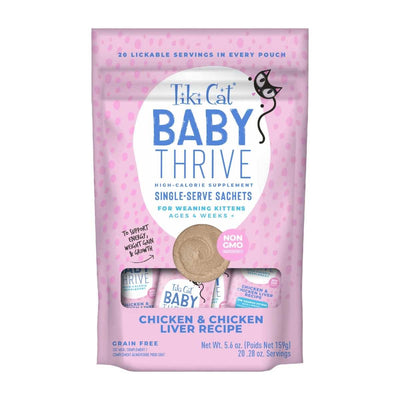Front view of a pink Tiki Cat Baby Thrive Chicken & Chicken Liver Recipe pouch with 20 single-serve sachets.