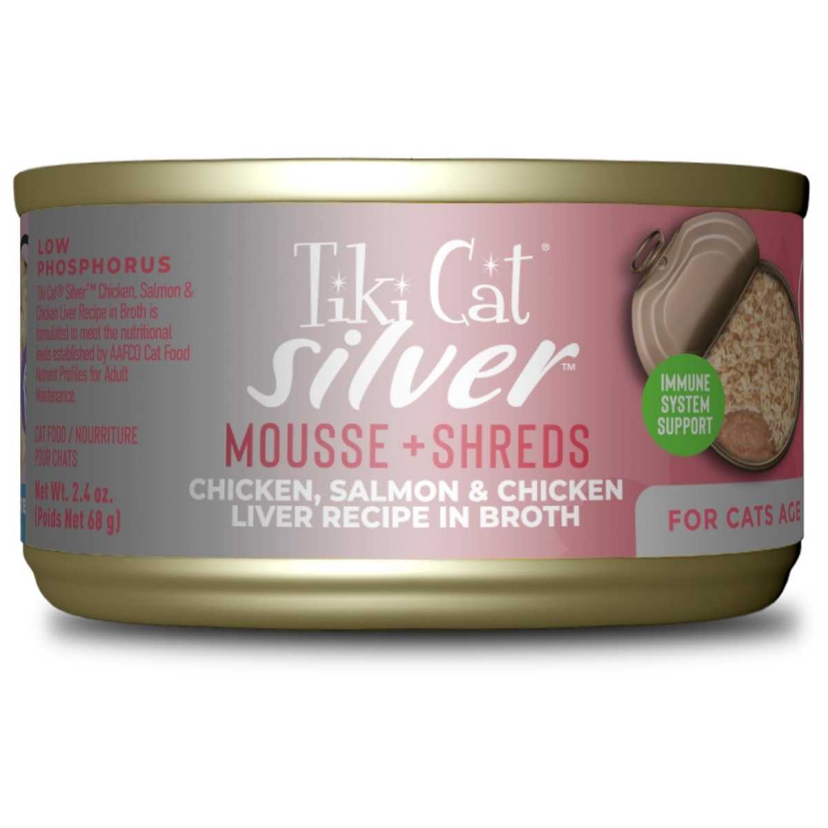 Tiki Pet Silver Chicken, Salmon & Chicken Liver Mousse & Shreds- 12/2.4 oz Cans