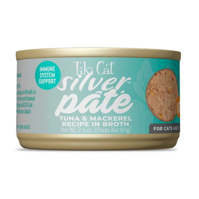 Front view of a Tiki Cat Silver Pate tuna and mackerel recipe in broth can.