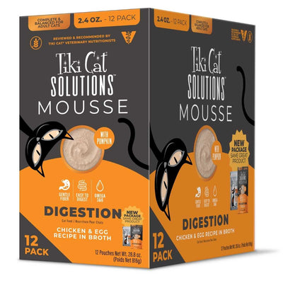Packaged product: Tiki Cat Solutions Mousse Digestion Chicken & Egg Recipe in Broth 12-pack of 2.4 oz pouches