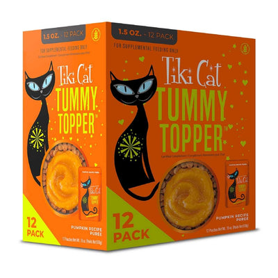 Packaged product: Tiki Cat Tummy Topper Pumpkin Recipe Puree 1.5 oz pouches in an orange 12-pack box.
