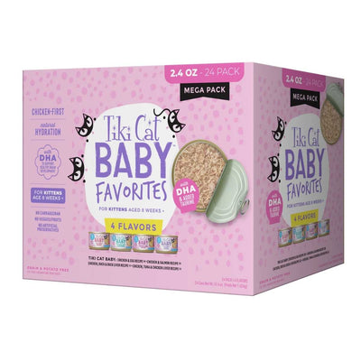 Pink box of Tiki Cat Baby Favorites kitten food, 2.4 oz cans, 24 pack, 4 flavors, front view
