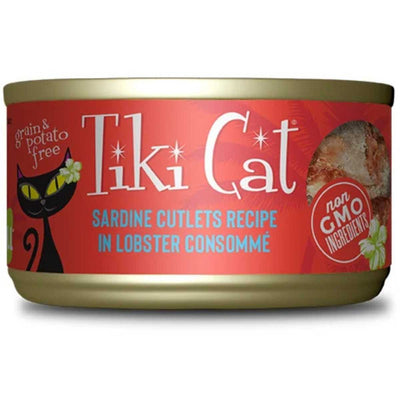 Front view of a Tiki Cat canned cat food package with red label, black cat illustration, and text showing sardine cutlets recipe in lobster consommé.