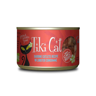 Front view of a Tiki Cat canned cat food package with red label, black cat illustration, and sardine cutlets recipe text.