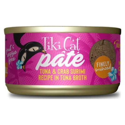 Front view of a Tiki Cat pâté can with pink label, tuna & crab surimi recipe, and 'finely minced' badge.