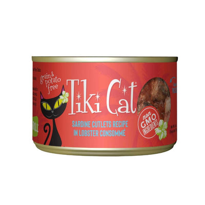 Front view of a Tiki Cat canned cat food package with red label, black cat illustration, and sardine cutlets recipe text.