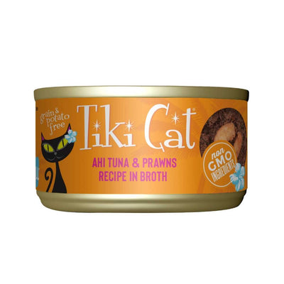 Front view of a Tiki Cat canned cat food package with orange label, black cat illustration, and text showing Ahi Tuna & Prawns Recipe in Broth