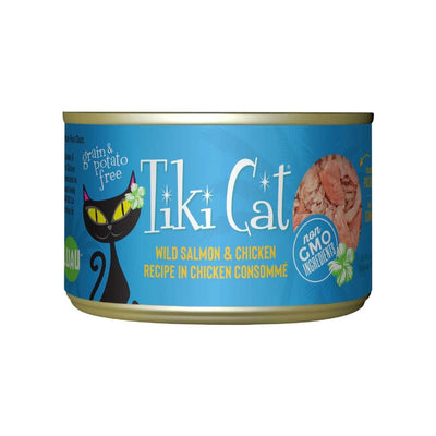 Front view of a blue Tiki Cat canned cat food package with wild salmon and chicken flavor.