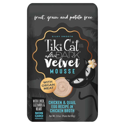 Front view of a black packaged Tiki Cat After Dark Velvet Mousse pouch with chicken and quail flavor.